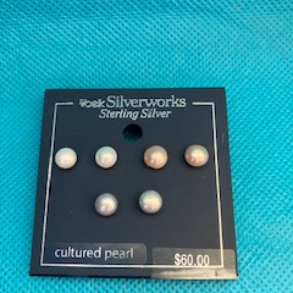 NWT - Sterling Silver - Belk Silverworks - Trio Set of Colored Pearl Earrings